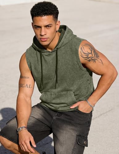 JMIERR Men's Green Cotton Sleeveless Hooded Tank Top with Pocket - Large