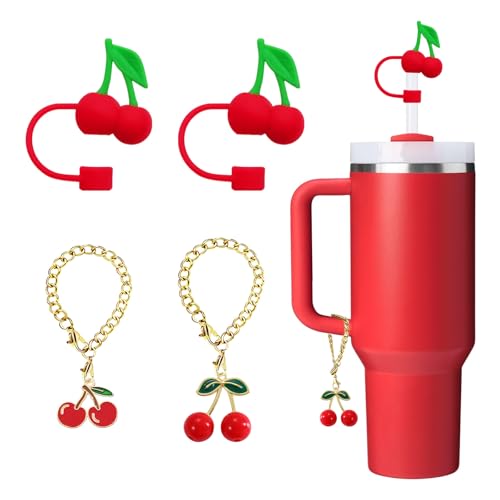 Cherry Charms Set - 4Pcs 3D Silicone Drink Toppers for Stanley Tumbler