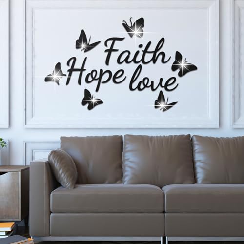 Faith Hope Love 3D Acrylic Mirror Wall Decor Stickers, Butterfly Faith Hope Love Wall Decal, Peel and Stick Motivation Letter Wall Sayings Vinyl Lettering Art Quotes for Home Bedroom, Silver
