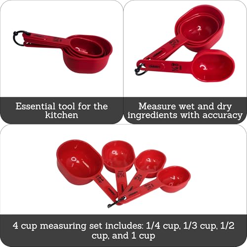 4-Piece Nested Measuring Cup Set - Durable Red Plastic Kitchen Essentials
