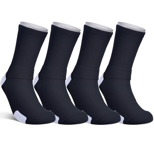 Kids Athletic Crew Socks - 4 Pairs for Ages 8-11 - Black