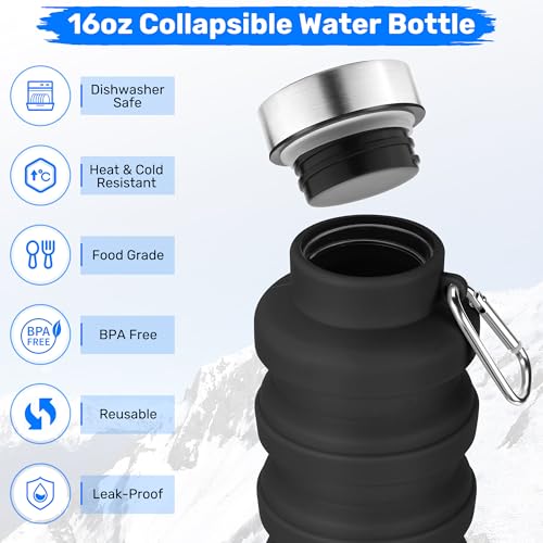 16oz Collapsible Silicone Water Bottle - Black, Leak-Proof