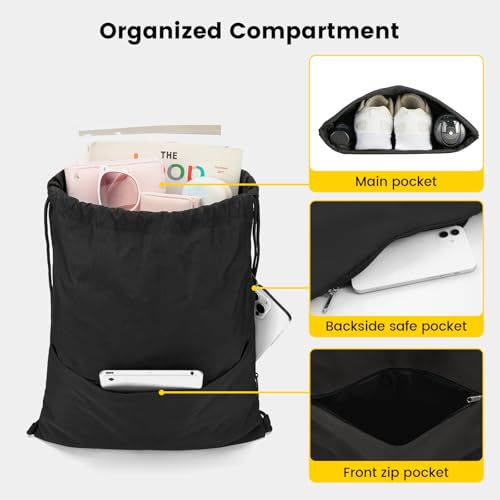 Drawstring Backpack with Side Pocket - Black