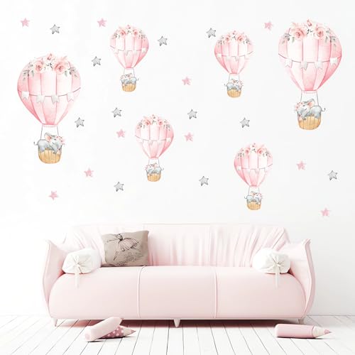 6 Pink Hot Air Balloons Sleeping Baby Elephants Stars Wall Stickers, sacinora Cute Art Wall Decals Removable Vinyl Peel and Stick for Kids Baby Girl Nursery Bedroom Toddler Room Decorations