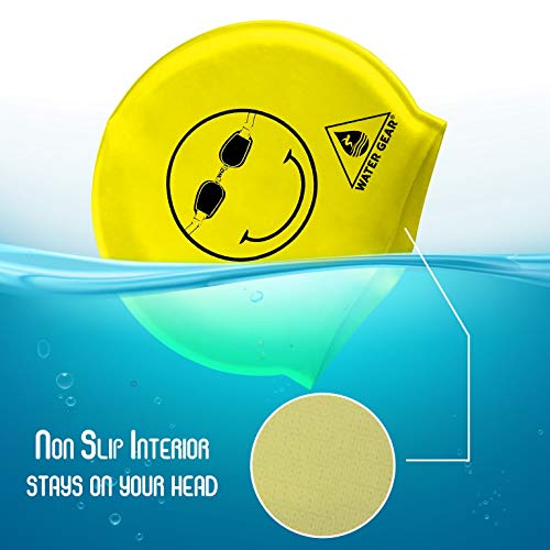 Latex Swim Cap for Long Hair - Waterproof Swimming Cap - Happy Face Black/Yellow