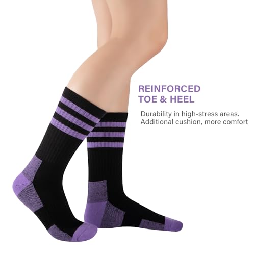 COOPLUS Women's Athletic Crew Socks 5 Pairs Black Cushioned Cotton Wicking Outdoor Sports Calf Socks - One Size