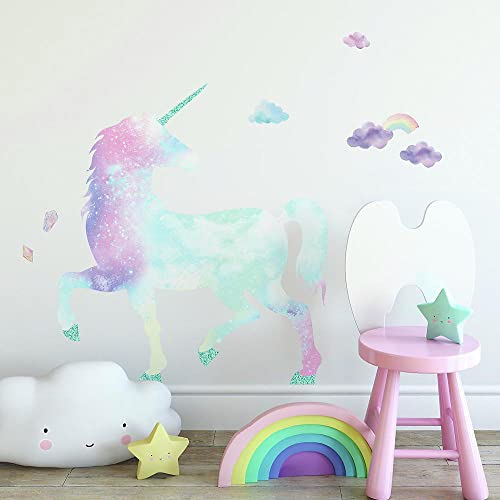 RoomMates Galaxy Unicorn Peel and Stick Wall Decal with Glitter – Large Reusable Wall Art