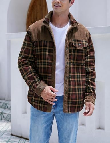 Gihuo Men's Large Coffee Sherpa-Lined Flannel Shirt Jacket - Warm Outdoor Coat