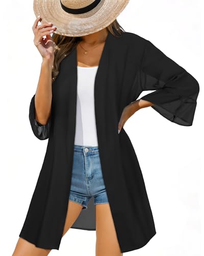 Women’s Summer Puff Sleeve Kimono Cardigan - Solid Black, Medium