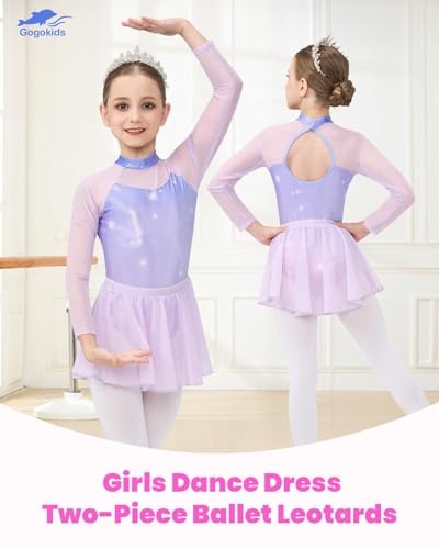 Ballet Leotard for Girls Long Sleeve Lace Dance Dress - Purple Mesh, 5-6 Years