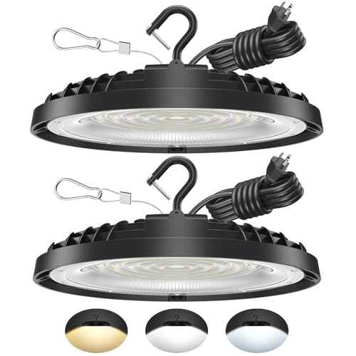 2 Pack 150W UFO LED High Bay Light, Adjustable Color Temperature 3500K/5000K/6500K, 21,000LM, 120VAC, LED Shop Lights, Plug & Play Lighting Fixture for Warehouses, Workshops, Garages, and Barns