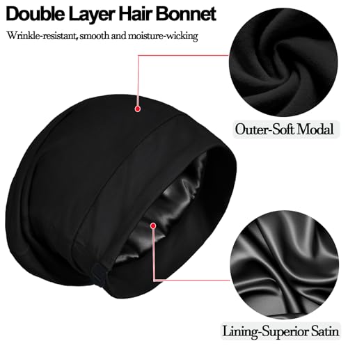 Roybens Satin Lined Sleep Cap Bonnet - Adjustable Satin Bonnet, 2pc (Black + Light Gray) Medium