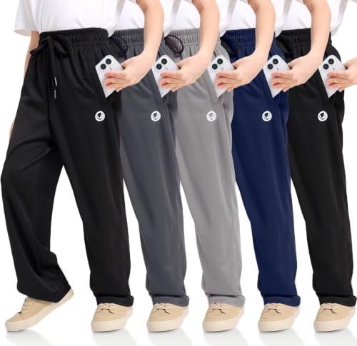 OCYMA Boys Sweatpants 5-Pack Athletic Joggers with Zip Pockets - Large Black Gray Navy