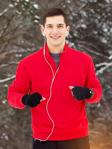 Winter Half Finger Gloves - Unisex Knitted Fingerless Mittens - Matte Black