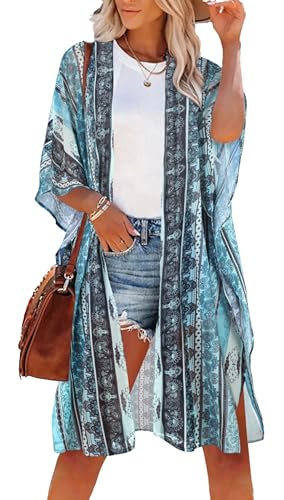 Women's Blue Stripe Ethnic Print Kimono Swimsuit Coverup Small Summer Beach Cardigan