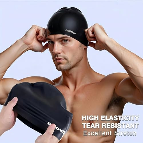 Dizokizo 2-Pack Silicone Swim Caps for Women & Men - Non-Slip Waterproof Hair Hats, Long & Short Hair, Rose Red & Black