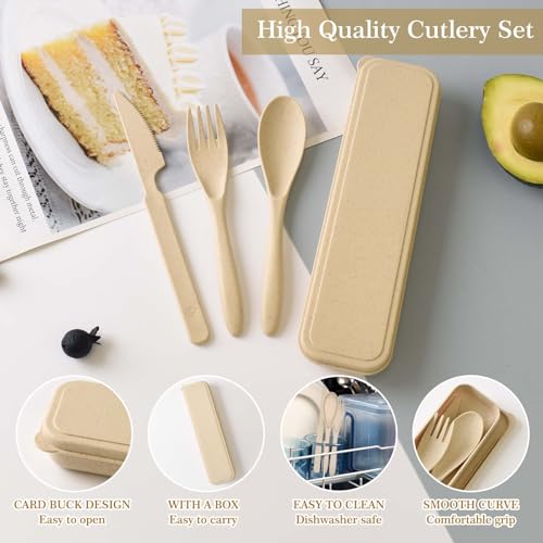 Travel Utensil Set - 4 Pack Beige Cutlery with Case (21x6x2.5cm)