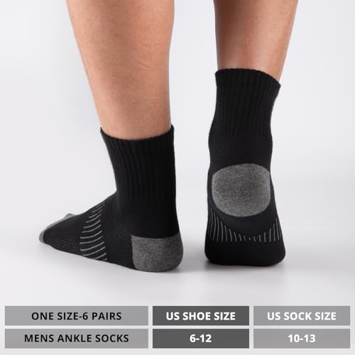 Heatuff Men's Ankle Socks 6 Pairs Black Cotton Moisture Wicking Casual Socks