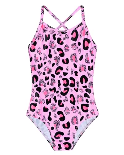 One-Piece Girls Swimsuit - Quick Dry Pink Leopard 7-8 Years