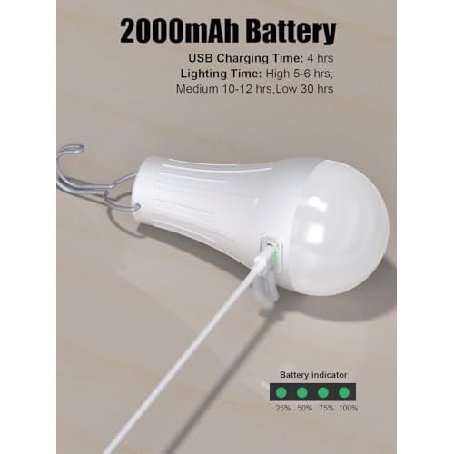 Rechargeable Camping Light Bulbs - Hanging LED Tent Lights with Auto On/Off Mode, 3 Brightness Levels, USB Rechargeable for Home Emergency, Camping, Hiking, Hurricane (4-Pack)