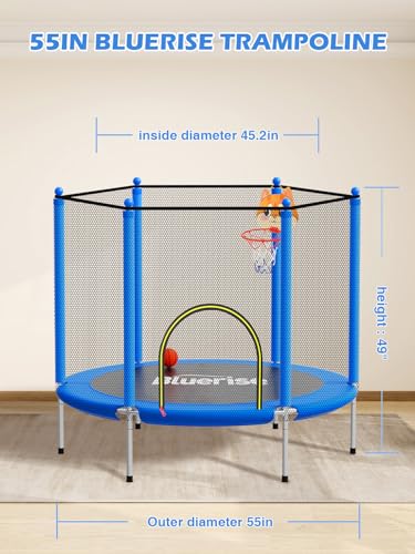 55IN Kids Trampoline with Enclosure, Basketball Hoop & Swing - Blue