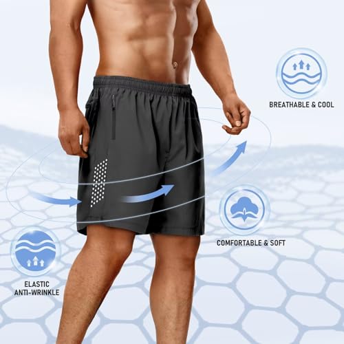 FIONECA Men's 2 Pack Athletic Shorts - Medium Black & Dark Gray, 7-Inch Quick Dry Gym Running Mesh Shorts with Zipper Pockets
