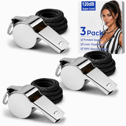 3 Pack Stainless Steel Whistles with Lanyard - Loud Sound for Coaches & Referees