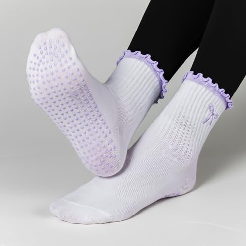 Nonslip Yoga Grip Socks for Women - Purple Bow