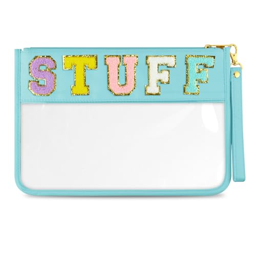Cute Chenille Letter Makeup Bag - Clear Portable Pouch, Cyan Stuff