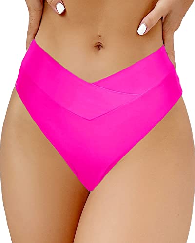 High Waisted Cheeky Bikini Bottoms - Criss Cross Cut-Out - Small Rose Red