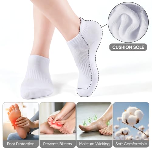 Cushioned Ankle Socks for Women - Full-Sole Cushioning Pads, 3 Pack - White