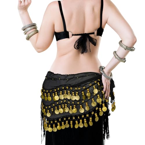 Belly Dance Hip Scarf Wrap with Coins - Black Chiffon