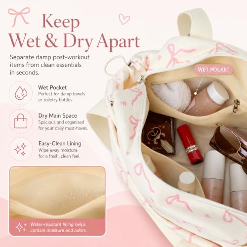 Pink Bow Beige Small Gym Bag for Women - Dance, Yoga & Fitness Tote