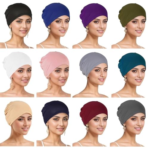Cmonie 12-Pack Large Solid Women Chemo Beanie Turban Hats - One Size Stretchy Head Coverings