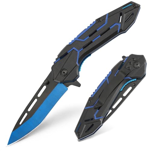 Folding Pocket Knife with Clip - EDC Tactical Knife - Black/Blue