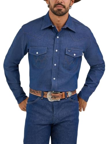 Wrangler Men's Cowboy Cut Indigo Work Shirt - Large, Firm Finish Western Snap