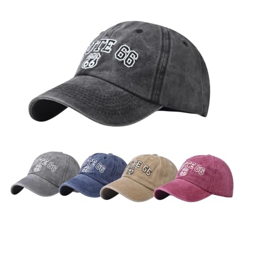 FANPOI Vintage Washed Cotton Baseball Cap for Women & Men - Black, Medium-Large, Route 66 Embroidered Sun Protection