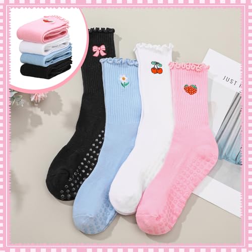 Cute Non-Slip Pilates Grippy Socks for Women - 4 Pairs, Black+White+Blue+Pink