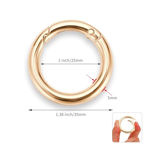 1 Inch Key Ring Clip Set - 8 Round Carabiner Clips, Light Gold