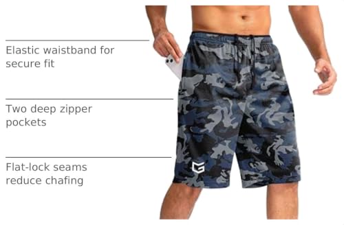 Men's 11" Basketball Shorts Blue Camo XL with Zipper Pockets - G Gradual