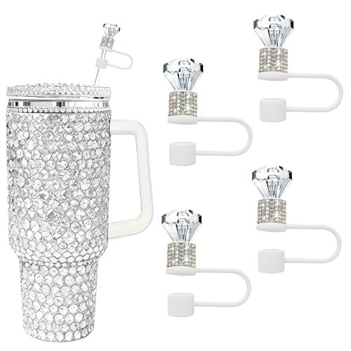 Diamond Straw Topper Set - 4 Pcs Rhinestone Caps for Stanley - White