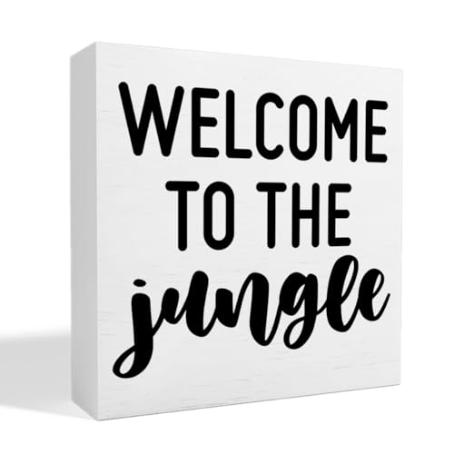 Nursery Table Decor, Baby Children's Kids Bedroom Desk Decoration for Playroom, Welcome to The Jungle Wooden Box Sign, White