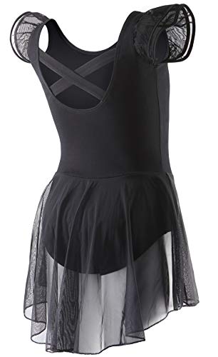Ballet Leotard with Skirt for Girls - Flutter Sleeve, Criss-Cross Back, 6-8 Years, Black