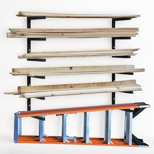 Wood Storage Racks with 3 Level, Garage Organizer Lumber Storage Rack Wall Mounted, Workshop Organizers Wood Wall Shelving, Lumber Metal Racks for Garage, Basement, Indoor and Outdoor (Black-4 Pack)