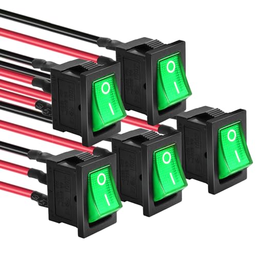 5 Pack Pre-Wired On/Off Green LED Boat Rocker Switch - 12V-24V 20A