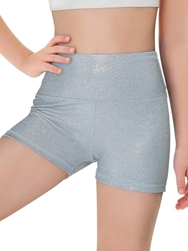 High Waist Glitter Athletic Shorts for Girls - Light Gray, 11-12 Years