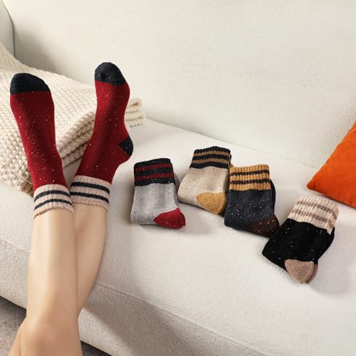 Warm Wool Socks for Women - Cozy Thick Hiking Crew Socks, 5 Pairs Parallel Dot, Size 6-10