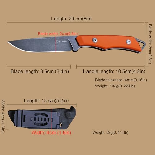 BA-KOR 9Cr18MoV Full Blade Fixed Knife C10 Stem (Orange) with G10 Handle, 8in, 4mm Thick, Stone-Washed Finish, Kydex Sheath for Camping & Survival