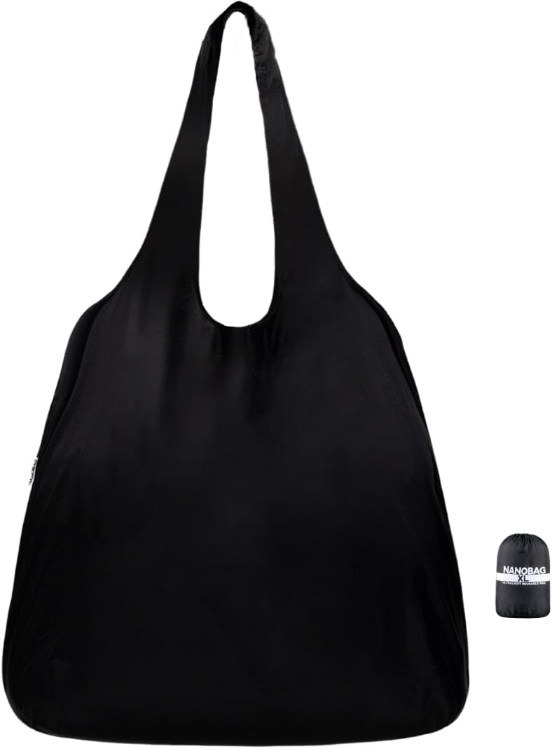 Nanobag Ultralight Tote - Heavy Duty Foldable Reusable Grocery & Travel Bag | XL Compact Black
