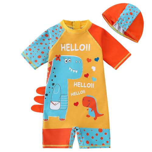 Boys One Piece Swimsuit - Toddler Rash Guard with Hat - 4-5T Orange Dinosaur